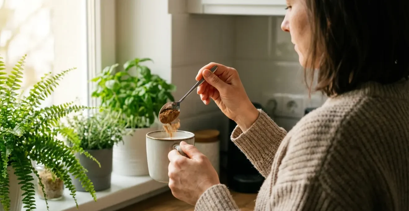 Donna che prepara integratore funghi funzionali in cucina moderna