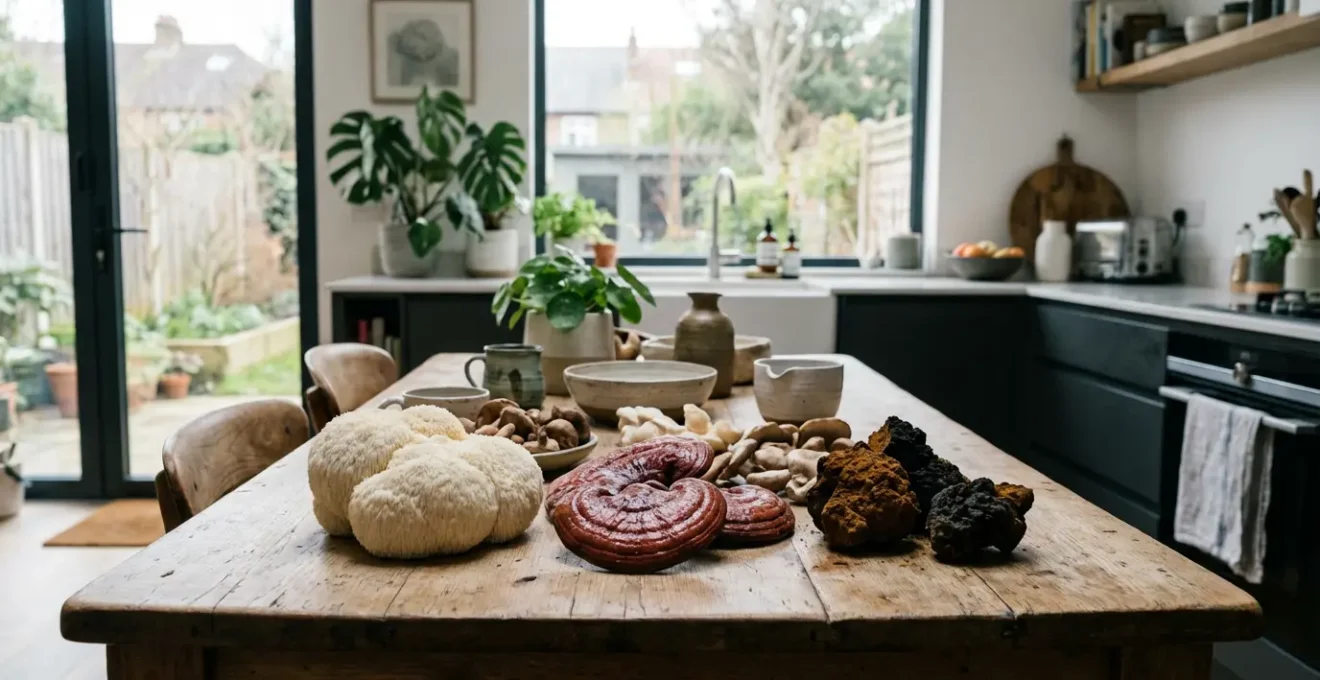 Funghi medicinali freschi Lion's Mane Reishi e Chaga su tavolo rustico