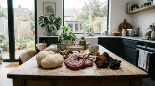 Funghi medicinali freschi Lion's Mane Reishi e Chaga su tavolo rustico